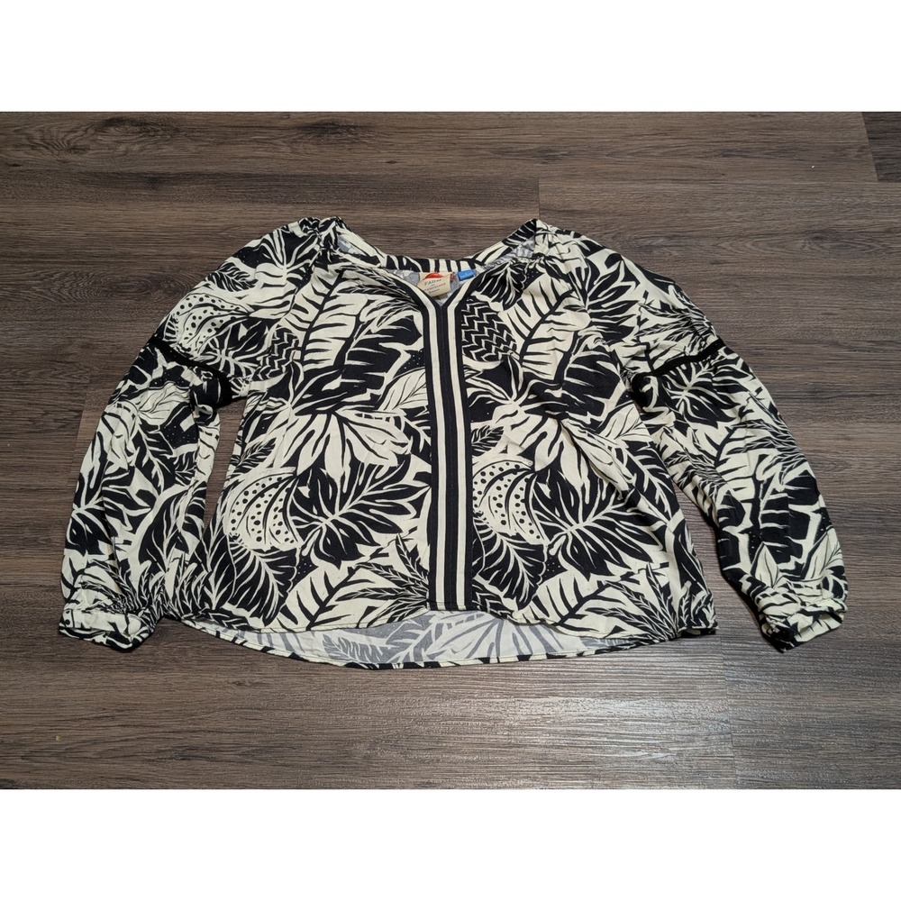 Farm Rio for Anthropologie Black White Tropical Angela Blouse Small‎ READ